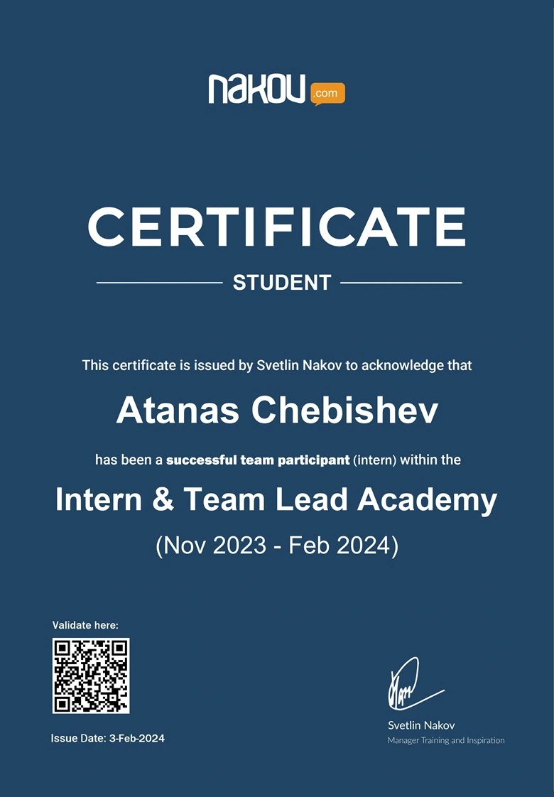 Softuni Intern & Team Lead Academy (Nov 2023 - Feb 2024)